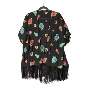 Torrid Womens Plus Size 2/3 Floral Fringe Floral Embroidered Kimono